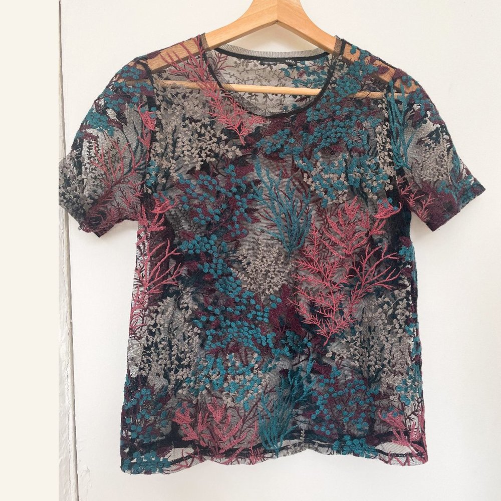 Zara Sheer Mesh Sea- Themed Embroidered Top